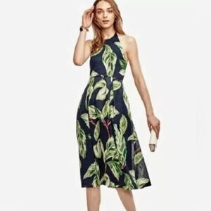 Ann Taylor Amalfi Palm Print Halter Dress Petite 4 A-Line Pockets Resort Vaca